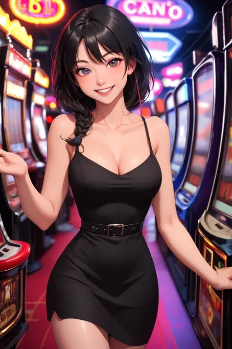 Masterpiece, best quality, 1 dealer girl, alone, look at viewer, chest, mature woman, collarbone, Random Hairstyles, cyberpunk, neon light, In the building, Casino, black tight dress, depth of field, playful mood,Big smile,The model is not in the center of...