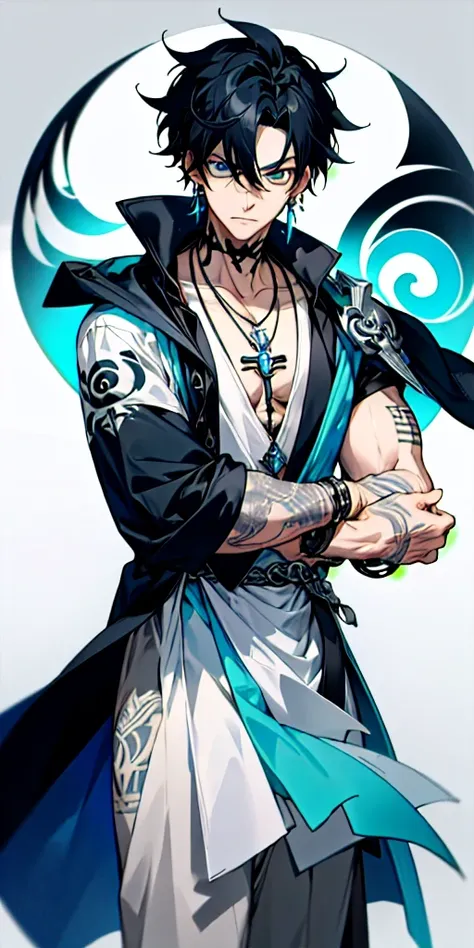 Anime style, black hair, he has a tattoo on his neck of a rune symbol. He wears light casual clothes in blue and silver with a bird-like cape for good. His accessory is a necklace with an yin yang symbol, a ring an a earring in each ear. 