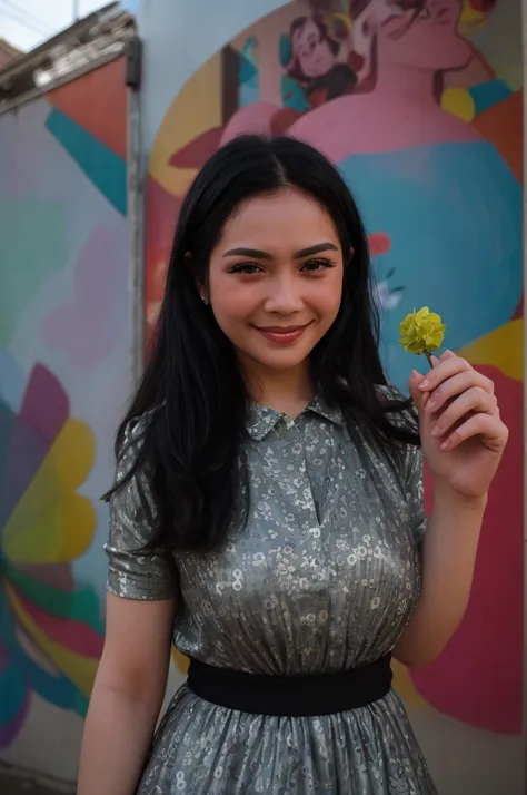 analog film photo solo, realistic, ((woman)), (((black hair))), (((smile512))), big smile, silver drop earrings, (((geometric pr...