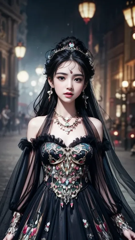 64K, ultra hd, masterpiece, 1 girl, (ibeautiful face:1.4), detailed eyes, very long hair, impressive hairstyle, earings, necklace, small breasts, (black dress:1.5), (fantasy dress:1.5) Light-colored foundation brings out the transparency of the skin, (in t...