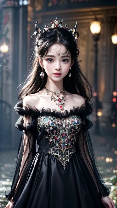 64K, ultra hd, masterpiece, 1 girl, (ibeautiful face:1.4), detailed eyes, very long hair, impressive hairstyle, earings, necklace, small breasts, (black dress:1.5), (fantasy dress:1.5) Light-colored foundation brings out the transparency of the skin, (in t...