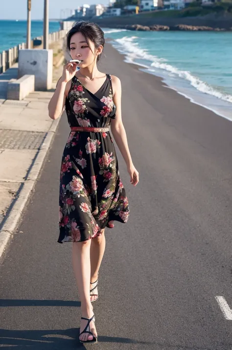 A woman walking along a seaside road, smoking a cigarette、Wearing a floral dress