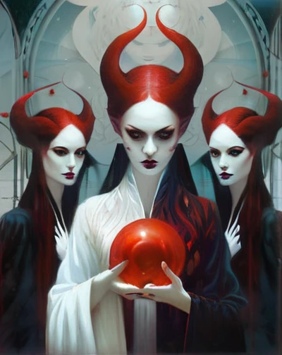 three women with blood on their faces holding a red orb, jana brike art, adrian borda, anna dittman, benjamin lacombe, glitchcore witchcore, !5 three eyed goddesses, by Aaron Jasinski, portrait of daemons, detailed 3d gothic oil painting, tom bagshaw and s...