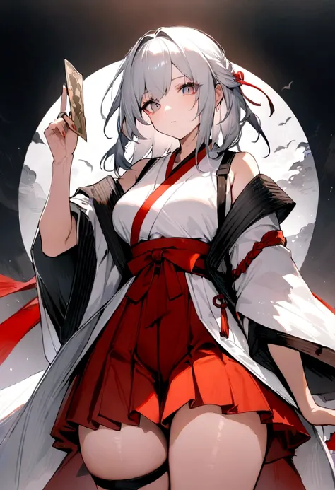 Highest quality, masterpiece, High resolution, , 10th Generation, beautiful girl, alone, {White kimono:1.35}, {Red hakama:1.35}, {Wide sleeves:1.20}, Arknights, warrior,  Thighs, Upper arms,Banknote in right hand,