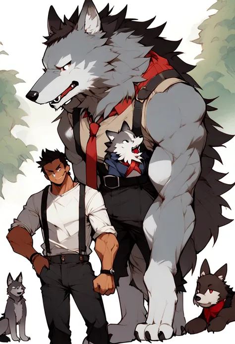 Tall, moderately muscular, wolf, anthro, furry, gray fur, white shirt on wolf, red tie on wolf, suspenders on wolf, black trousers on wolf, happy. Short Human man nearby, grumpy, casual outfit, dark hair, white skin, moderate size difference.