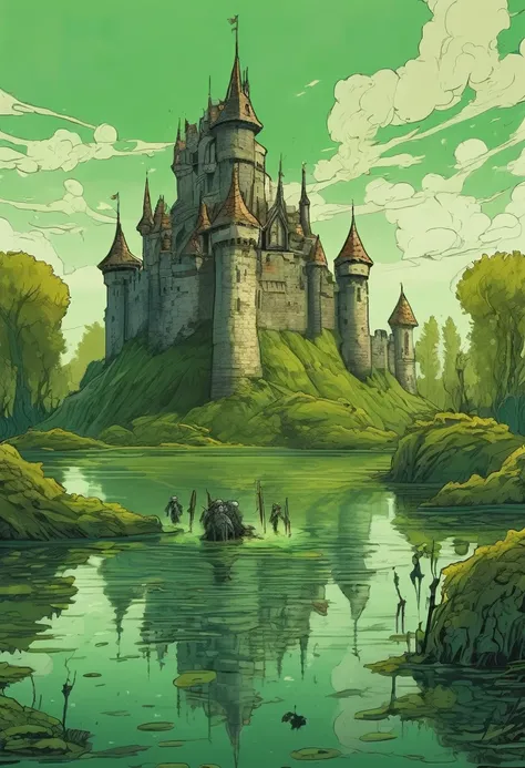 2D, castle floating on a swampy lake, there are zombies emerging from the water, some zombies stretch their hands wanting to reach the castle, zombies look slimy, greenish swamp, baroque style medieval castle with a jovial appearance. 