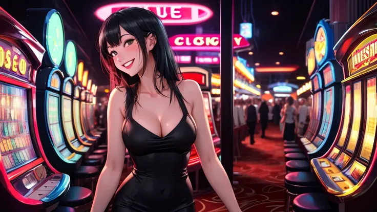 Masterpiece, best quality, 1 dealer girl, alone, look at viewer, chest, mature woman, collarbone, Random Hairstyles, cyberpunk, neon light, In the building, Casino, black tight dress, depth of field, playful mood,Big smile,The model is not in the center of...