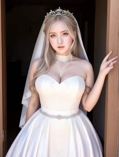 araffed woman in a wedding dress posing in a doorway, blonde goddess, thicc, divine render, giant stunning goddess shot, wlop art, ((a beautiful fantasy empress)), a beautiful fantasy empress, wlop and sakimichan, inspired by WLOP, realistic shaded perfect...