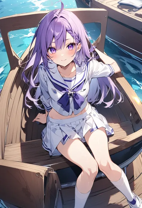 Keito。Purple Eyes。Purple Hair。Sailor suit。Boat。