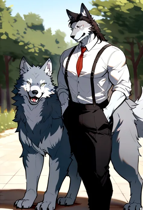 Tall, moderately muscular, wolf, anthro, furry, gray fur, white shirt on wolf, red tie on wolf, suspenders on wolf, black trousers on wolf, happy. Short Human man nearby, grumpy, casual outfit, dark hair, white skin, moderate size difference.