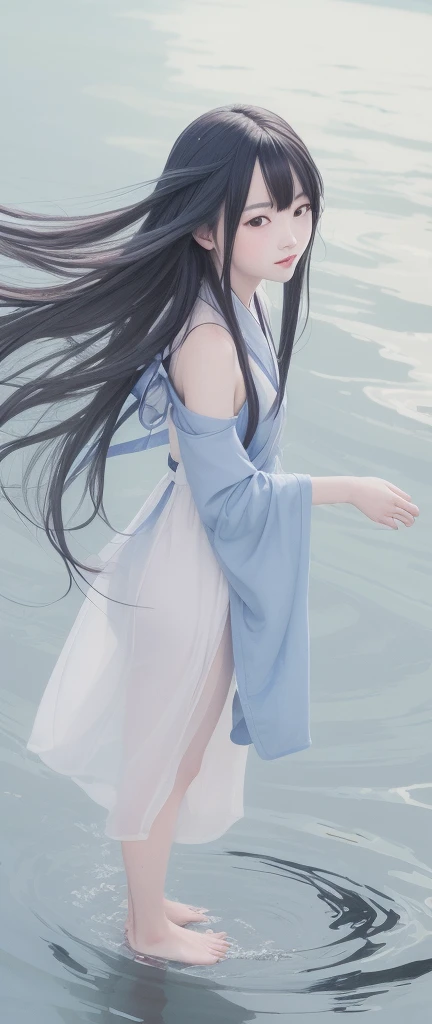 ((4k,masterpiece,best quality)), shuimobysim, traditional chinese ink painting, lotus,  hanfu, maxiskit, dress conservatively
1girl, solo, long blue hair, smile, standing, feet in the water, barefoot,
 