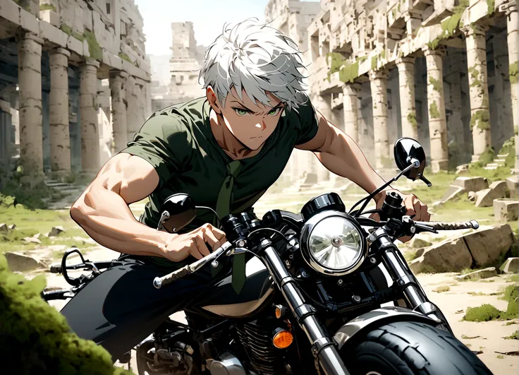 motorcycle, A man with a toned body, Solitary, White hair, short hair, Black and gray social shirt, Black and gray trousers, Serious look, Light green eyes, Dynamic poses, Ancient ruins, Moss green tie.