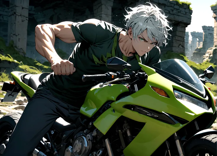 motorcycle, A man with a toned body, Solitary, White hair, short hair, Black and gray social shirt, Black and gray trousers, Serious look, Light green eyes, Dynamic poses, Ancient ruins, Moss green tie.