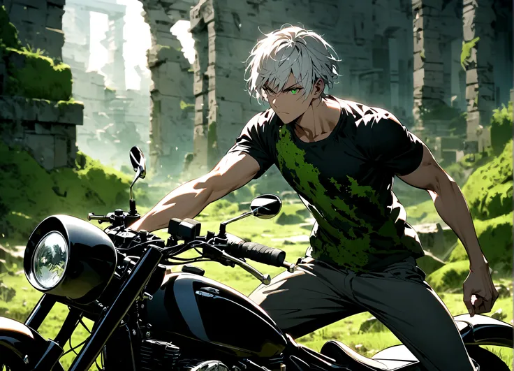 motorcycle, A man with a toned body, Solitary, White hair, short hair, Black and gray social shirt, Black and gray trousers, Serious look, Light green eyes, Dynamic poses, Ancient ruins, Moss green tie.