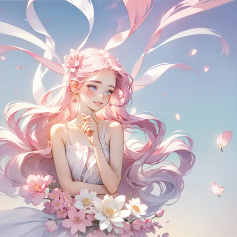 An 18 year old girl is wearing a pink rose, long hair, white sleeveless dress, holding a pink rose. Smelling the fragrance of the flower, bright fantasy, surrealism, Michael Cormac, pink, monochromatic tranquility, bright atmosphere, sunshine, happiness, h...