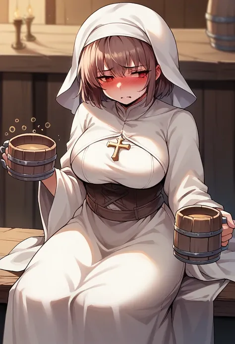 Adult female, average Height, very short brown nair, red eyes, cleric, black on white cleric robes, blushing, tsundere, sad, drunk, drinking from tankard, sitting, fantasy tavern, highly detailed, good detail, best detail, high quality, perfect eyes, looki...