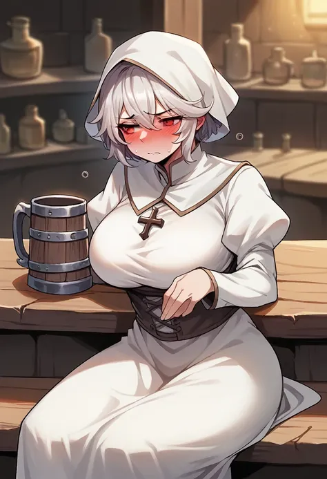 Adult female, average Height, very short brown nair, red eyes, cleric, black on white cleric robes, blushing, tsundere, sad, drunk, drinking from tankard, sitting, fantasy tavern, highly detailed, good detail, best detail, high quality, perfect eyes, looki...