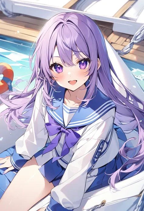 Keito。Purple Eyes。Purple Hair。Sailor suit。Boat。