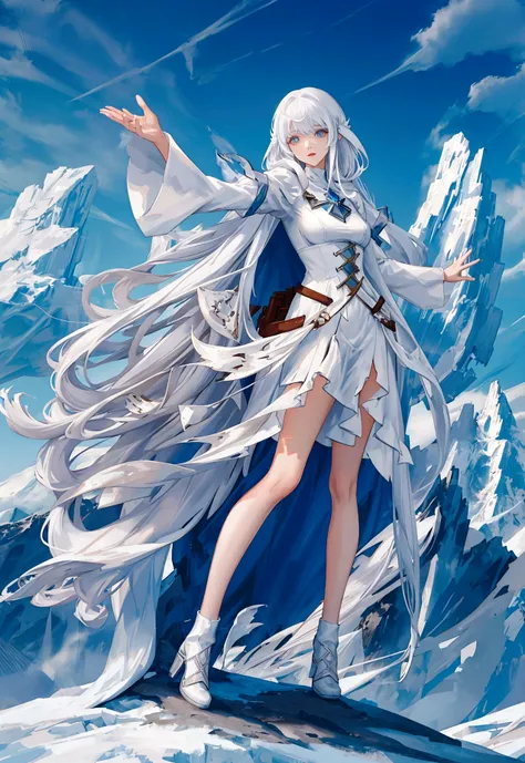 Character (woman) (white long hair) (white mage-style clothing) (character in dynamic pose) (full body) (smooth color blend) (mountain background with clear sky)