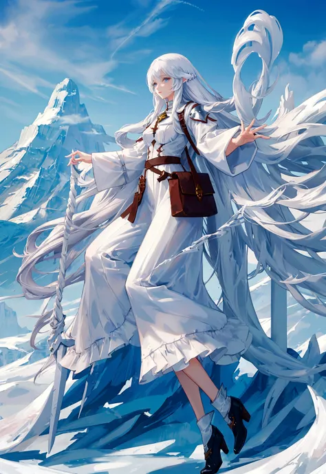 Character (woman) (white long hair) (white mage-style clothing) (character in dynamic pose) (full body) (smooth color blend) (mountain background with clear sky)