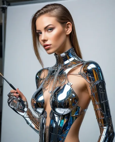 A cyborg girl stands in the center of a large bright studio and is engaged in creating her self-portrait on canvas. She is depicted in all her majestic beauty and elegance. Her metallic skin reflects the light, creating a play of hues and highlights like a...