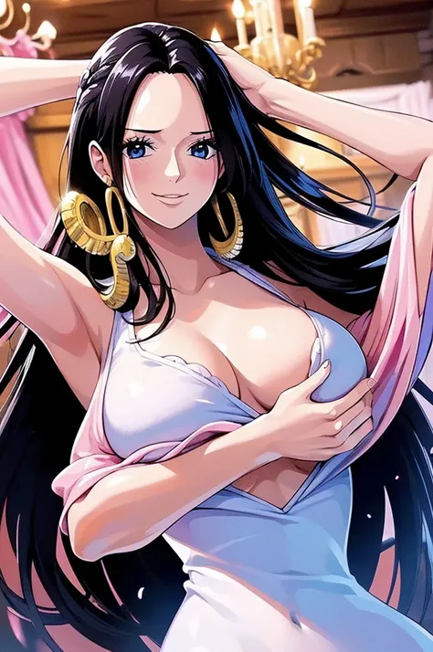 (((masterpiece))), (((best quality))), ((ultra-detailed)), (highly detailed CG illustration), Boa Hancock, , (masterpiece:1.5), Detailed Photo, Smiling, Sexy, (Best Quality: 1.4), (1girl), Beautiful Face, (Black Hair, long Hair: 1.3), Beautiful Hairstyle, ...