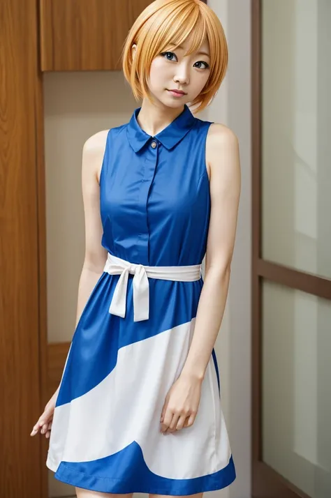 Create an anime girl with honey-colored hair, with blue eyes,a blue and white dress that is Shiina Ringo style