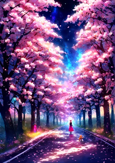 , A cat stands in a breathtaking street , Vibrant cherry blossoms and enchanting cherry blossom trees々Surrounded by a kaleidoscope of, (Walk along a road lined with blooming cherry blossoms:1.2),(Skyscraper:0.6) ,The starry sky above is lit up with strange...