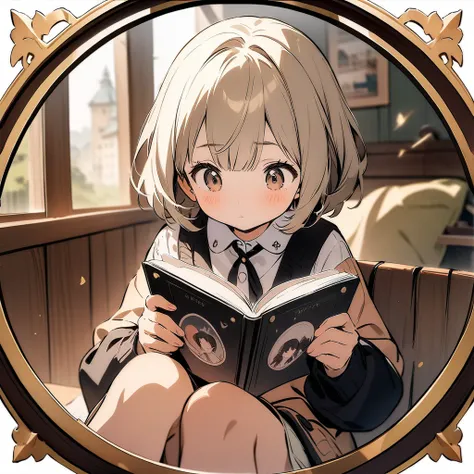 (circle frame1.7),1girl,, masterpiece art, reading book, cute girl,icon, circle frame,