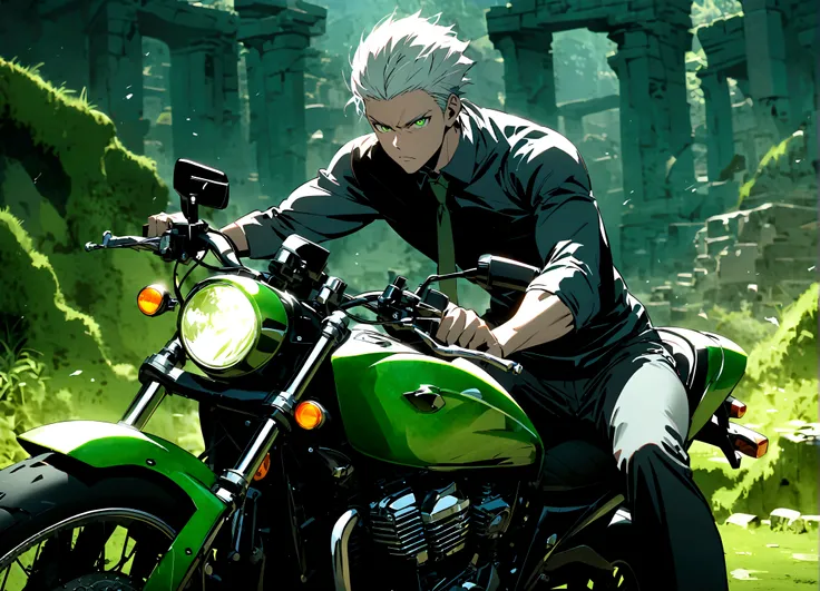 motorcycle, A man with a toned body, Solitary, White hair, short hair, Black and gray social shirt, Black and gray trousers, Serious look, Light green eyes, Dynamic poses, Ancient ruins, Moss green tie.