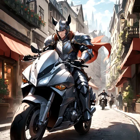 A man riding a motorcycle，With a long sword in hand，1boy，armor，horse riding，Male focus，City Streets，arms