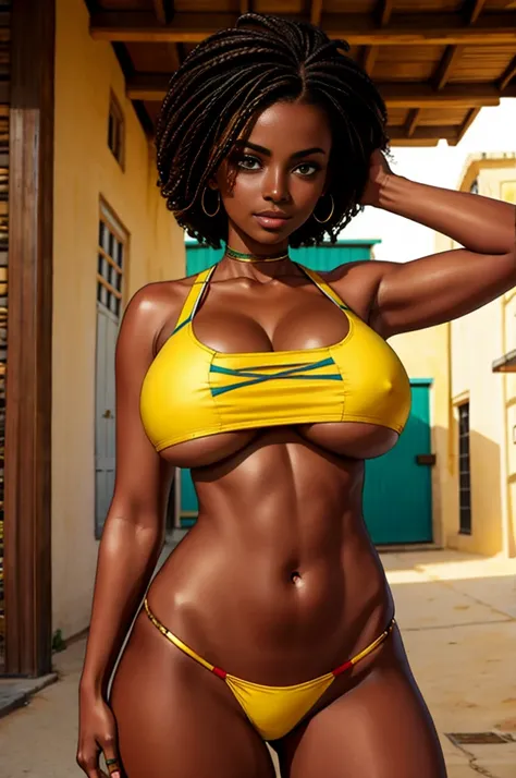 dark skinned African girl, crop top, underboob, thong, 