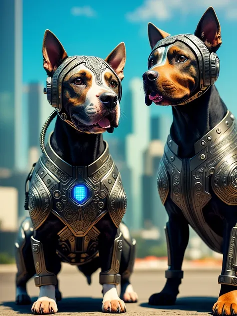 a cute dog pitbull made out of metal, cyborg, cyberpunk style, ((intricate details)), hdr, ((intricate details, hyperdetailed)), cinematic shot, vignette