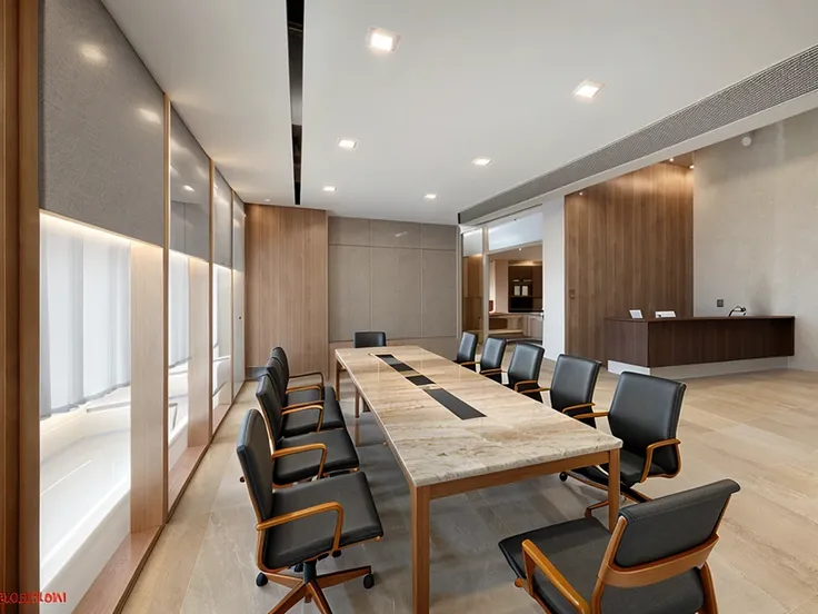 office design in modern style, daylight, brown marble floor, white wall, 1 frame glass wall 1.8, glass wall 1.8, 1 conference ta...