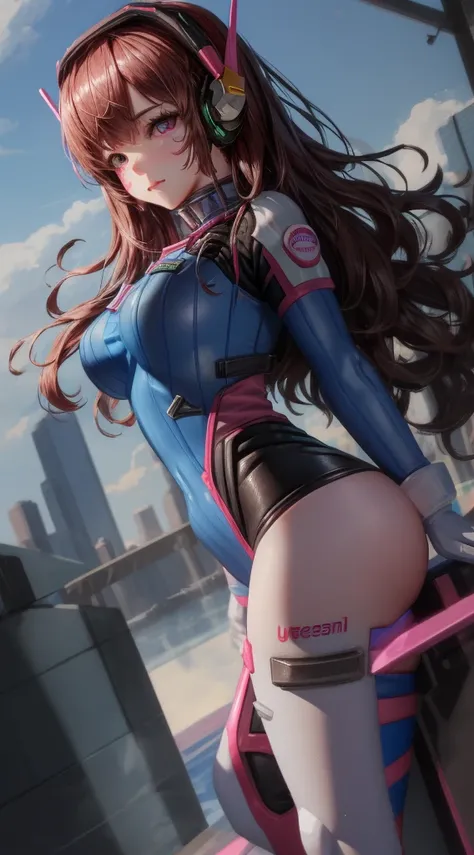 Masterpiece, Best Quality, High Resolution, 1Girl, Ultra High Resolution, Solo, Mech Pilot, D.VA, Headphones, Pink Eyes, Blue Tights, Brown Hair, White Gloves, Face Decoration