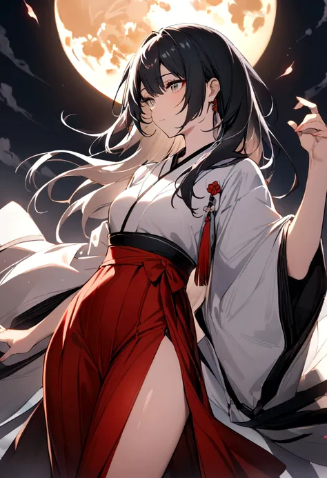 Highest quality, masterpiece, High resolution, 10th Generation, beautiful girl, alone, {White kimono:1.35}, {Red hakama:1.35}, {Wide sleeves:1.20}, Arknights, warrior, Thighs, Upper arms,Flame in the right hand, Full moon in the background, Black Hair, Sha...