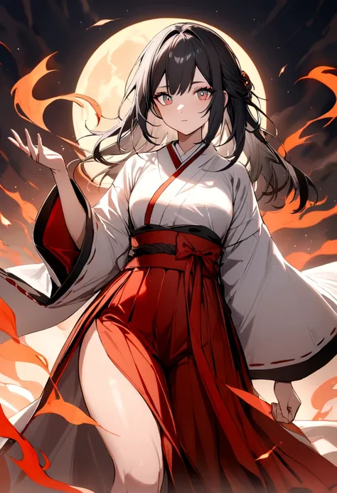 Highest quality, masterpiece, High resolution, 10th Generation, beautiful girl, alone, {White kimono:1.35}, {Red hakama:1.35}, {Wide sleeves:1.20}, Arknights, warrior, Thighs, Upper arms,Flame in the right hand, Full moon in the background, Black Hair, Sha...