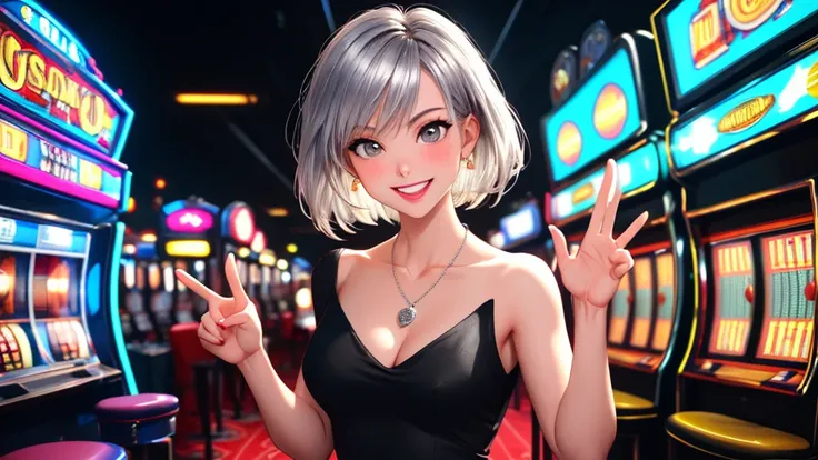 Masterpiece, best quality, 1 dealer girl, alone, The model is not in the center of the image.(left or right:1.5), look at viewer, chest, mature woman, collarbone, Random Hairstyles, random gesture, cyberpunk, neon light, In the building, Casino, black tigh...