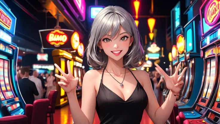 Masterpiece, best quality, 1 dealer girl, alone, The model is not in the center of the image.(left or right:1.5), look at viewer, chest, mature woman, collarbone, Random Hairstyles, random gesture, cyberpunk, neon light, In the building, Casino, black tigh...