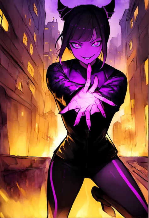 work of art, best qualityer, Juri Han, horn hair, bangs on the eyes,purple glowing eyes,evil smile, black leather jacket, leggings  preta, gazing at viewer, city background,yellow lighting
