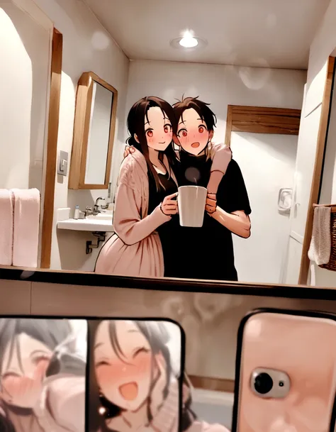 there is a man and a woman taking a selfie in a bathroom mirror, in bathroom, in love selfie, 😭🤮 💔, couple, photo taken in 2 0 2 0, selfie, long distance photo, in a bathroom, lovely couple, couple pose, 😭 🤮 💕 🎀, mirror selfie, picture, happy couple, with ...