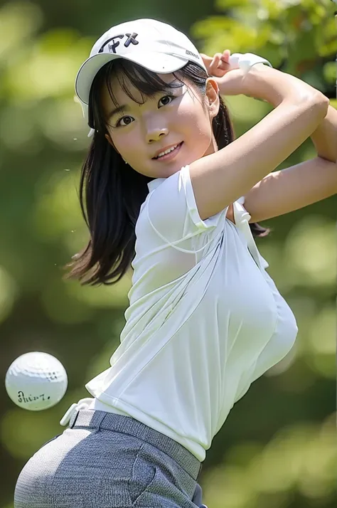 ８K、High definition、Ultra Detail、Photorealistic、Realistic and accurate depiction、Realistic and accurate human anatomy、High resolution、Highest quality、Beautiful Japanese woman in golf wear, Detailed body, Live Action、beautiful girl golfer、cute、clear、The ulti...