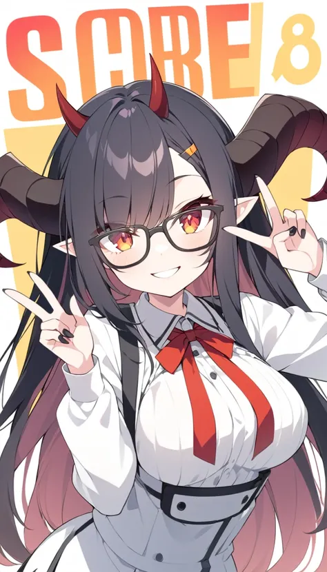 score_9,score_8,score_7,score_8_up,score_7_up　this anime image of a female with a weird hair style and pointy ears, 1girl, v, black nails, breasts, solo, horns, double v, glasses, long hair, looking at viewer, smile