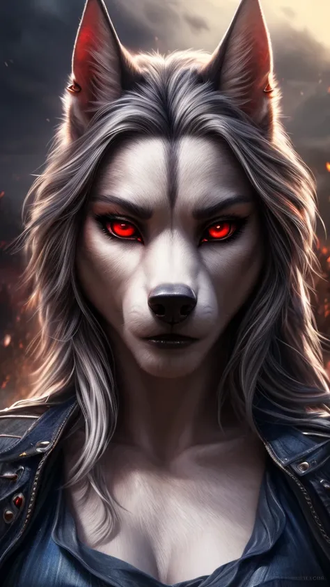 a white with grey highlights hellhound girl, beautiful detailed red eyes, beautiful detailed lips, extremely detailed face, long eyelashes, tight jeans (best quality,4k,8k,highres,masterpiece:1.2),ultra-detailed,(realistic,photorealistic,photo-realistic:1....