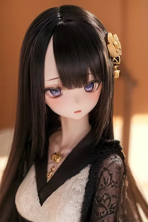 (SFW:2), photorealistic, realistic photo, ((highest quality)), ((masterpiece)), ((extremely detailed)), kukolnydom, doll, (mature woman:1.7), solo, ((from front, seiza, skinny, slender, slim, black kimono, obi, obidome, hair ornament)), green eyes, parted ...