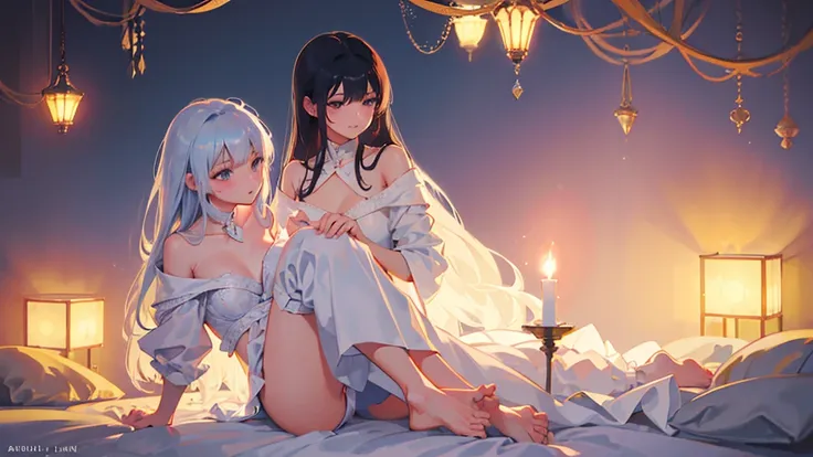 An illustration that evokes a romantic and private space,Dim lighting,Calm toned colors,Creates a mature and elegant atmosphere,Dim lightingの部屋,Bedroom illustration,there is a woman sitting on a bed, artwork in the style of Guweiz, seductive アニメ girl, smoo...