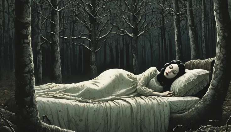 (((horror style))), illustration of Snow White passed out in bed, Junji Ito, in a super-detailed sinister forest, 8k resolution