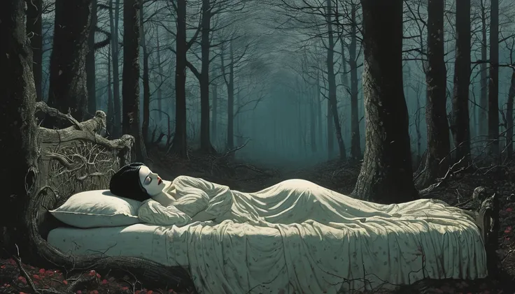 (((horror style))), illustration of snow white passed out in bed, junji ito, in a super-detailed sinister forest, 8k resolution