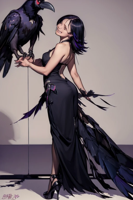 (playing with a raven:1.4).Beautiful Japanese woman, Short, beautiful figure, cute butt. elegant black dress, high heels, (smile). Masterpiece, best quality,(highly detailed:1.2),(detailed face and eyes:1.2), 8k wallpaper, natural lighting. core shadows, h...