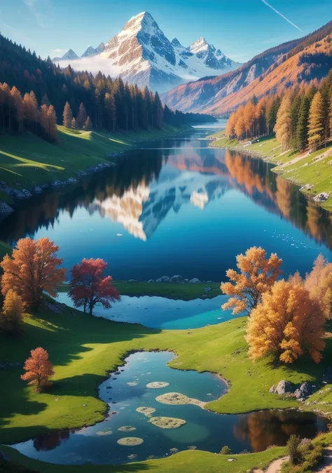 ((Highest quality),Masterpiece,Photorealistic), ((masterpiece)), (detailed), (High resolution, 4K)An endless lake,The water reflecting the blue sky